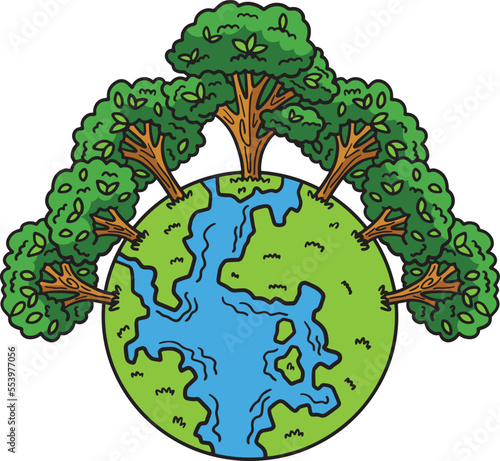 Earth Day Trees Crowning Earth Cartoon Clipart #553977056