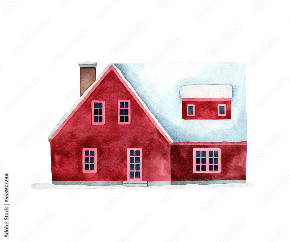 Watercolor hand drawn illustration of a winter red country house. Isolated building on transparent background. Christmas scene Watercolor hand drawn illustration of a winter red country house. Isolated building on transparent background. Christmas scene