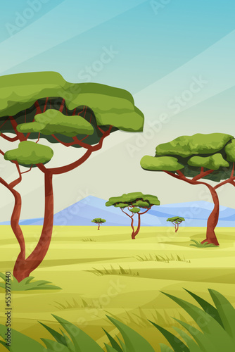 Africa Savannah landscape, safari with grass, trees, mountains, summer hot scene, wild nature in cartoon style.