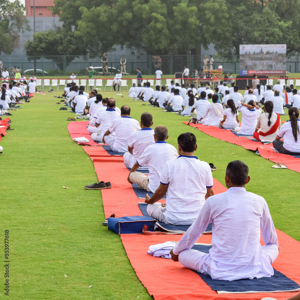 Group Yoga exercise session for people of different age groups at cricket stadium in Delhi on International Yoga Day, Big group of adults attending yoga session