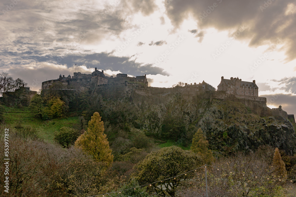 Edinburgh Scotland  23 November 2022: A backlight view of Edinburgh Castle.
