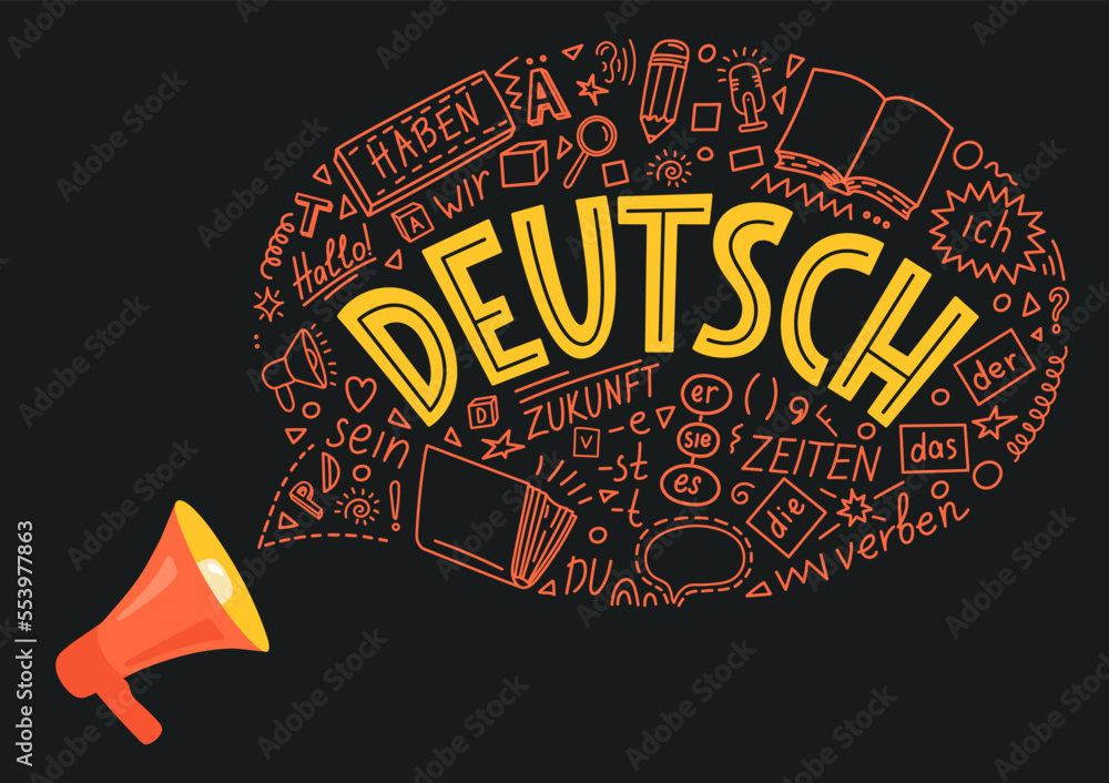 Deutsch. Megaphone with German language doodle and lettering