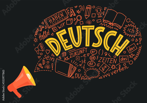 Deutsch. Megaphone with German language doodle and lettering. Translation: "German". Der, die, das, er, sie, es, ich, haben, zeiten, sein, zukunft, hallo, verben, du. Translation: the, he, she, it, me