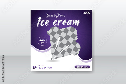 Special delicious ice cream social media post or promotional banner with discount offer abstract shape