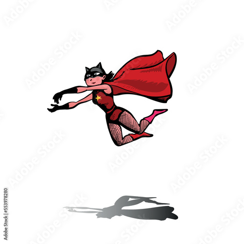 Vector cartoon character illustration of a young woman wearing superhero costume with red cape
