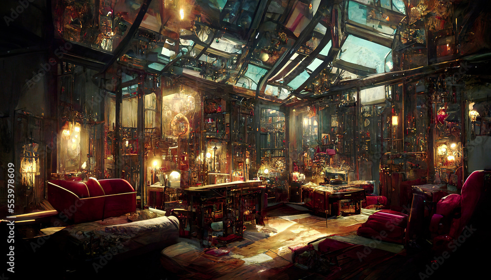 steampunk interior, cyberpunk club, fantasy retro room, fictional interior  created with generative ai Stock Illustration