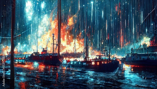 Disaster illustration with burning ships, tempest and explosion at night ,made with Generative AI