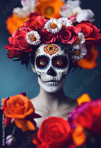 Girl with mask for Dias de la muerte, day of the dead a mexican celebration ,not a real person, made with Generative AI