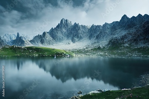 Mountain landscape with lake, snowy peaks, green grass on rocks and trees ,made with Generative AI © DNY3D