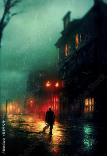 Rainy city at night in the old city ,made with Generative AI
