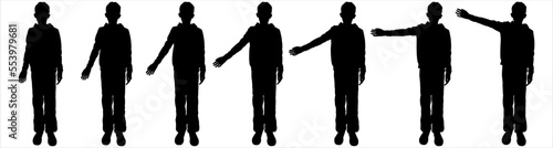 A teenage boy stands straight, moves with one hand, and raises or lowers up. A set of characters for hand movement animation. Front view, full face. Black silhouette isolated on white background.