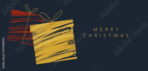 Minimal Merry Christmas Card Banner Background With Artistic Presents Gifts In Gold & Red