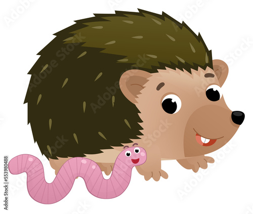 cartoon scene with cheerful hedgehog and a worm isolated illustration for children