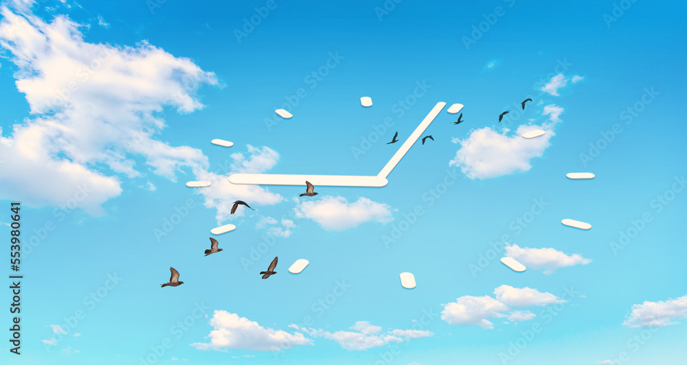 Fototapeta premium Time change, times fly fast concept, White Timing clock face and birds fly on blue sky background