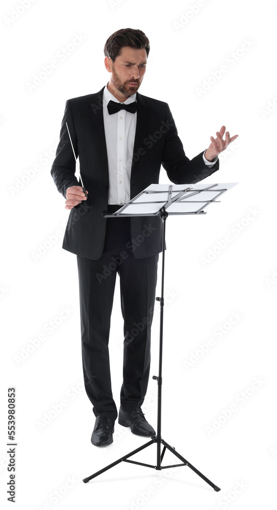 Professional conductor with baton and note stand on white background Professional conductor with baton and note stand on white background