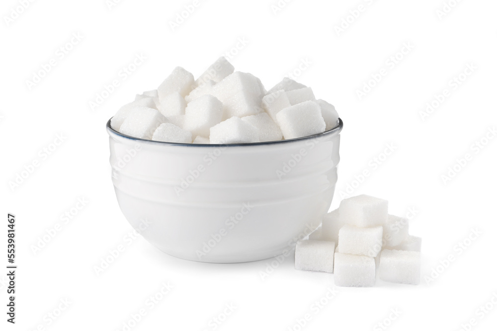 Bowl and refined sugar cubes on white background Bowl and refined sugar cubes on white background