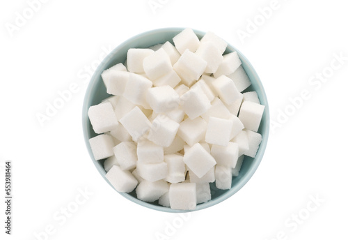 Bowl of refined sugar cubes isolated on white, top view