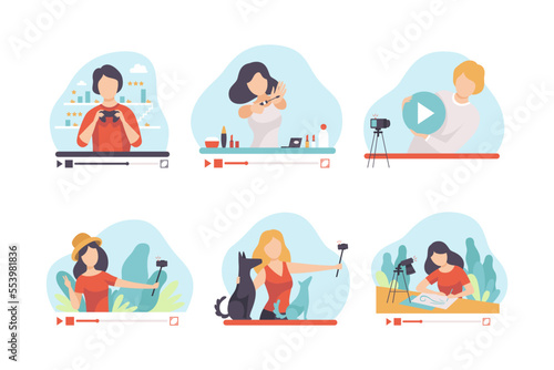 People Blogger or Vlogger Making Video Content for Their Channel Vector Set
