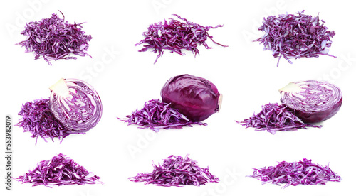 Set with cut fresh ripe red cabbage on white background