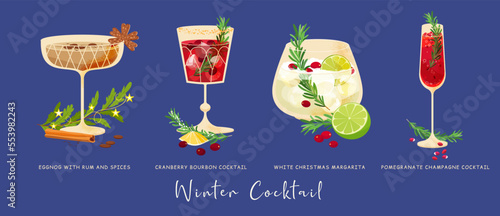 Winter Christmas alcohol cocktails vector set. Holiday festive four drink glass with bourbon  tequila  rum  champagne  cranberry  lime  rosemary  pomegranate  margarita. Everything you need for party