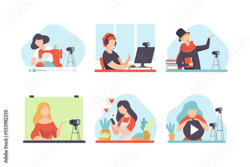 People Blogger or Vlogger Making Video Content for Their Channel Vector Set