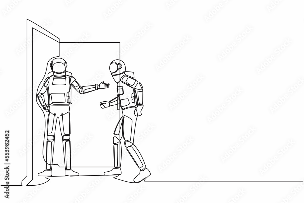 Single continuous line drawing young astronaut at the door welcomes his friend in. Spaceman inviting his friend to get into his house. Cosmonaut deep space. One line graphic design vector illustration