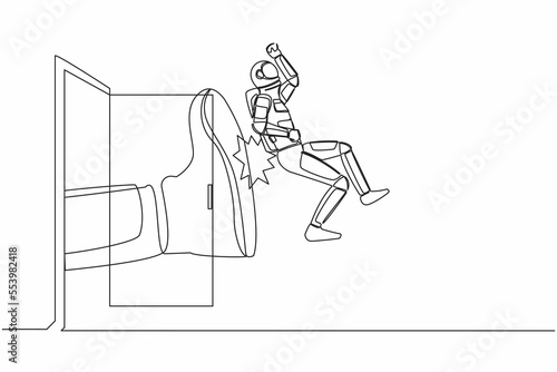 Continuous one line drawing young astronaut get kicked out of door. Dismissed from his job. Boss kicks unnecessary spaceman. Cosmonaut outer space. Single line draw graphic design vector illustration