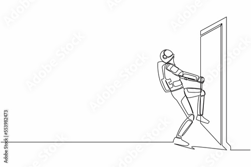 Single one line drawing astronaut pulling closed door knob with power, metaphor to facing problem. Space exploration struggle. Cosmic galaxy space. Continuous line graphic design vector illustration