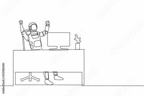 Single one line drawing happy astronaut sitting with raised hands near desk computer. Successful launch spaceship rocket. Cosmic galaxy space. Continuous line draw graphic design vector illustration