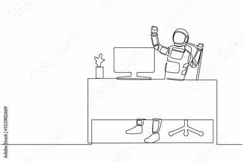 Continuous one line drawing happy astronaut sitting on workplace with raised hands. Mission accomplished in galactic exploration. Cosmonaut outer space. Single line graphic design vector illustration