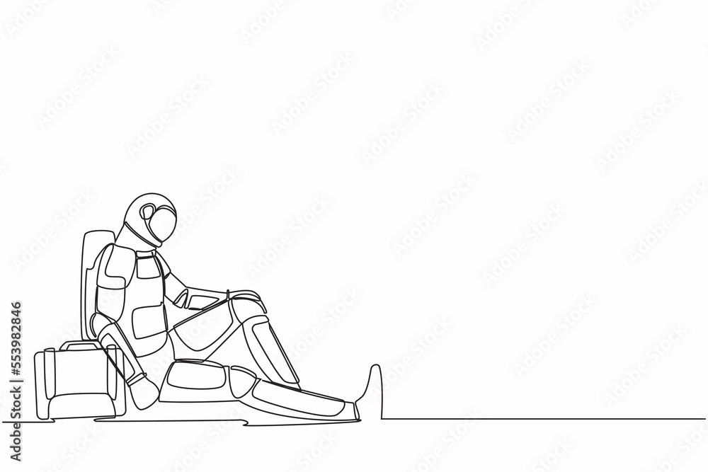 Single continuous line drawing astronaut with briefcase sitting in despair on the floor. Sad expression due to planet discovery failure. Cosmonaut deep space. One line draw design vector illustration Single continuous line drawing astronaut with briefcase sitting in despair on the floor. Sad expression due to planet discovery failure. Cosmonaut deep space. One line draw design vector illustration