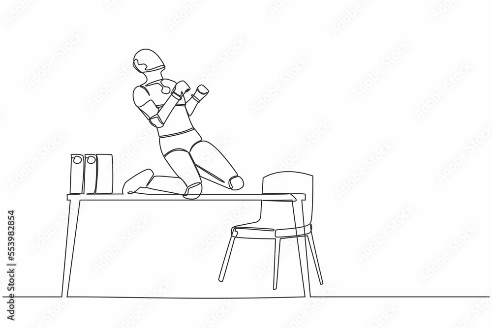 Single continuous line happy robot kneeling with celebrating goal pose on table desk. Future technology. Artificial intelligence machine learning process. One line design vector graphic illustration Single continuous line happy robot kneeling with celebrating goal pose on table desk. Future technology. Artificial intelligence machine learning process. One line design vector graphic illustration