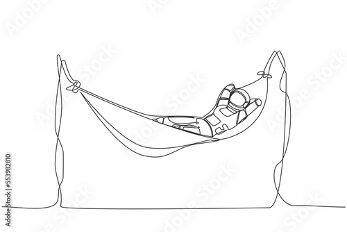 Continuous one line drawing of happy astronaut lying and sleeping in hammock. Vacation and recreation after space expedition. Cosmonaut outer space. Single line draw graphic design vector illustration