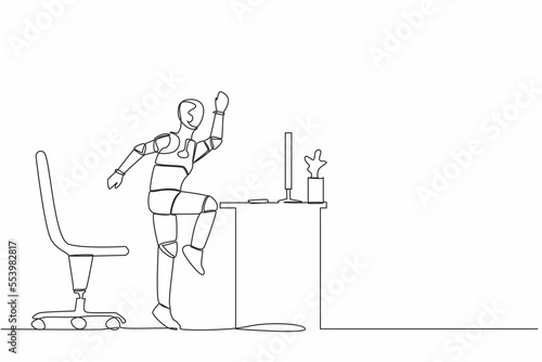Single continuous line happy robot jumping and dancing on his workplace, computer desk. Celebrating success. Artificial intelligence machine learning process. One line draw design vector illustration