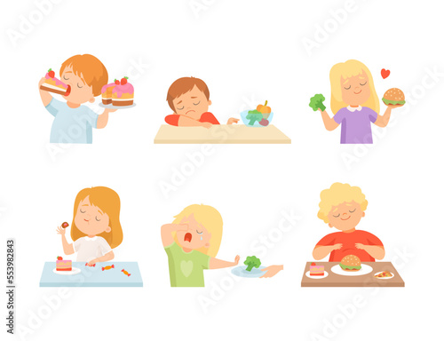 Little Kids at Table with Vegetables and Sweets Showing Like and Disgust Vector Set