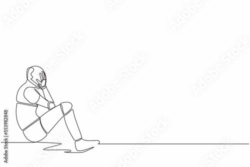 Continuous one line drawing robot cover his face, feeling sad and depression sitting on the floor. Humanoid cybernetic organism. Future robotic development. Single line draw design vector illustration
