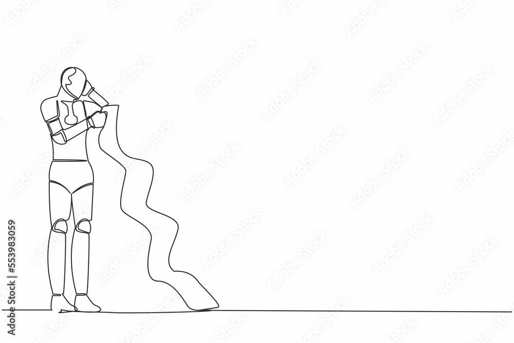 Single one line drawing robot standing think about finding money for paying bills during crisis. Robotic artificial intelligence. Technology industry. Continuous line draw design vector illustration