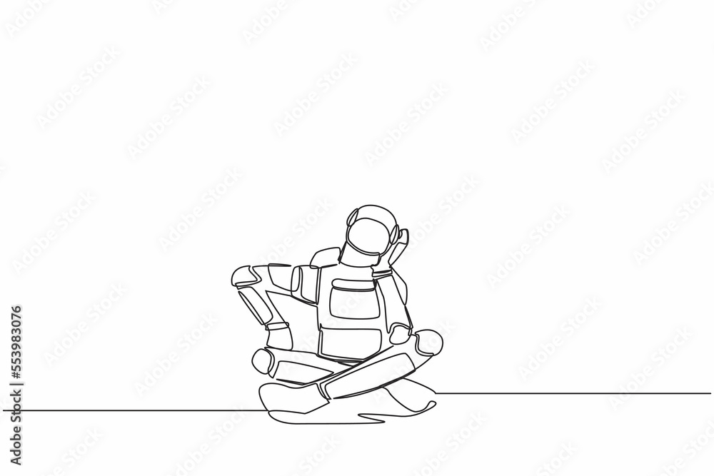 Continuous one line drawing young astronaut sitting with support his head and confused because get into space expedition problem. Cosmonaut outer space. Single line graphic design vector illustration