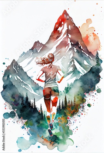 Woman trail runner in the mountains. Beautiful painting with smudge, drips and spatter. Generative art