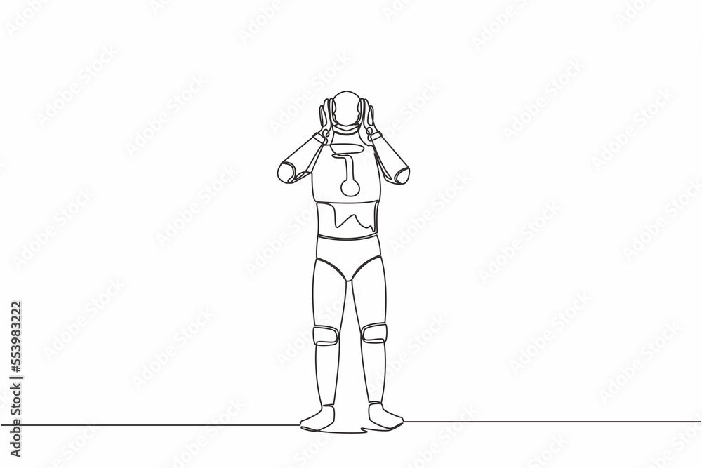 Single continuous line drawing stressed robot with headache, hands on his head, migraine, health problems, pain head. Artificial intelligence machine learning. One line draw design vector illustration