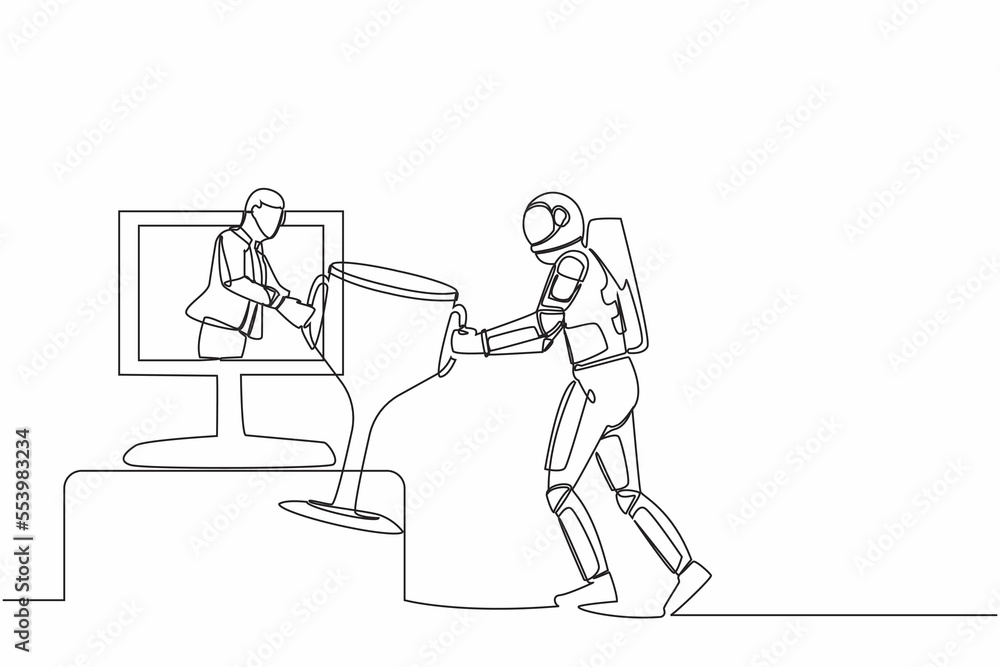Single one line drawing of astronaut get trophy from person on monitor screen. Award in interstellar expedition online competition. Cosmic galaxy space. Continuous line draw design vector illustration