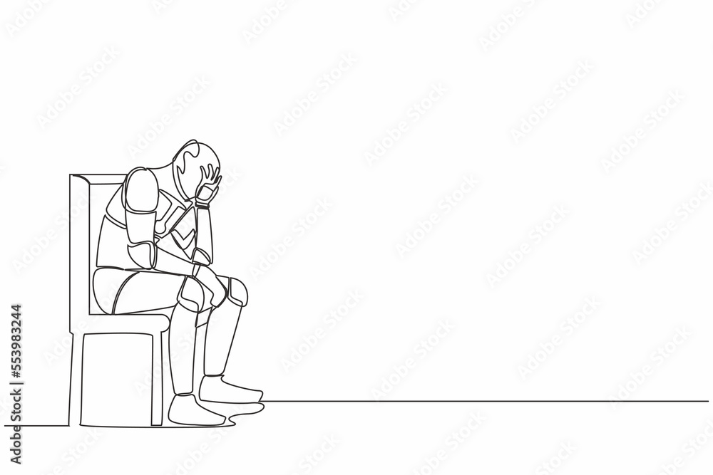 Continuous one line drawing robot hold his head sitting on chair. Regret on mistake, frustration, depressed. Humanoid cybernetic organism. Future robotic. Single line draw design vector illustration