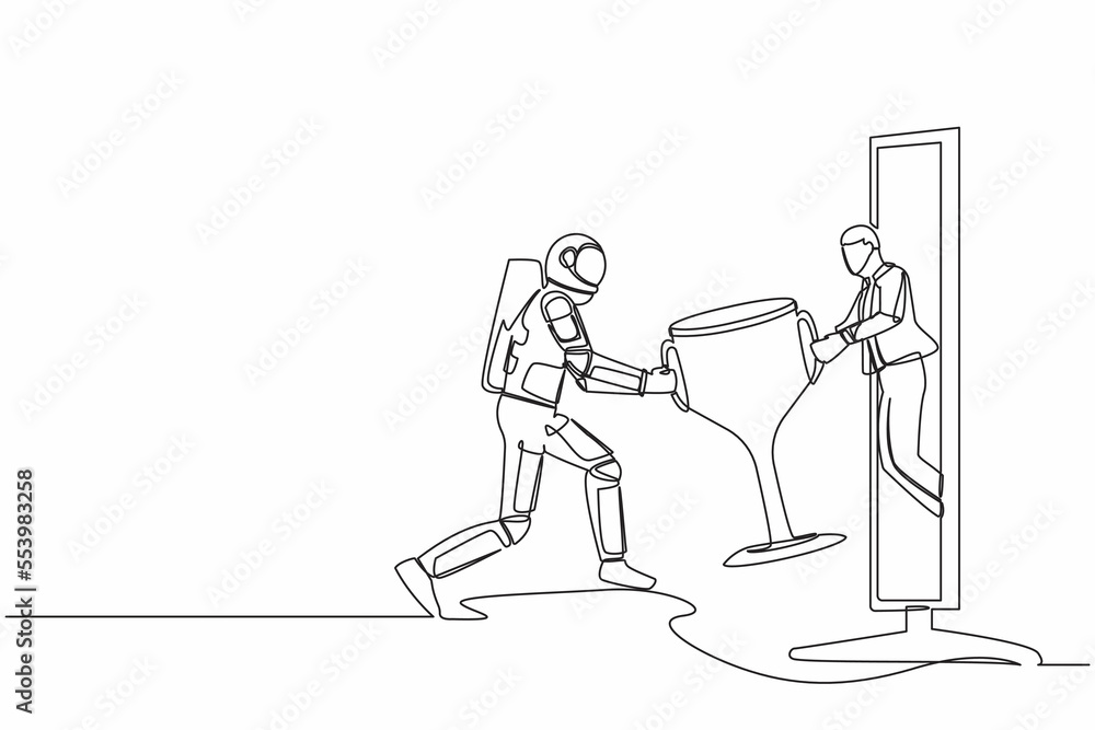 Single continuous line drawing male giving trophy to astronaut from monitor screen. Winning and achievement in spaceship competition. Cosmonaut deep space. One line graphic design vector illustration Single continuous line drawing male giving trophy to astronaut from monitor screen. Winning and achievement in spaceship competition. Cosmonaut deep space. One line graphic design vector illustration