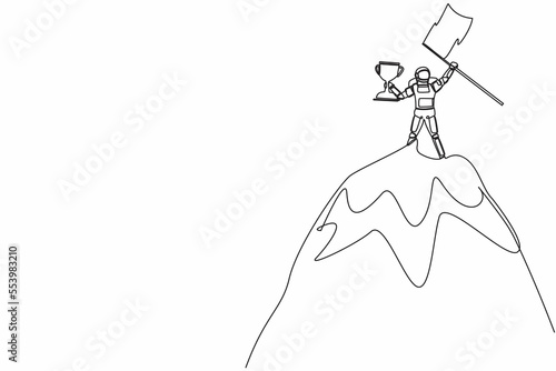 Single one line drawing astronaut lifting up trophy and flag on top of mountain. Win and reach goal in spaceship industry. Cosmic galaxy space. Continuous line draw graphic design vector illustration