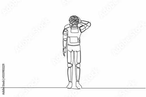 Single continuous line drawing young astronaut with round scribbles instead of head, suffer headache, workload in space industry. Cosmonaut deep space. One line draw graphic design vector illustration