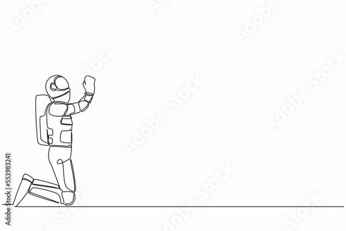 Continuous one line drawing young astronaut on his knees and ask for help or praying. Hoping for successful in orbital adventure. Cosmonaut outer space. Single line graphic design vector illustration