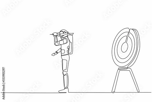 Continuous one line drawing young astronaut using blindfold and shoot dart on wrong target. Failed spaceman in space exploration. Cosmonaut outer space. Single line graphic design vector illustration