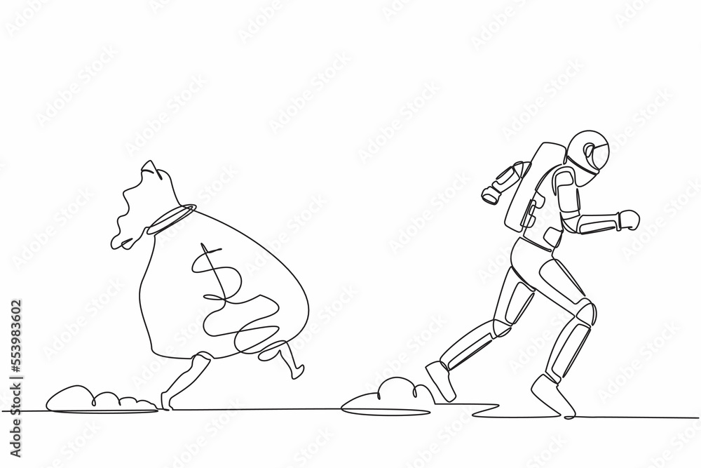 Single one line drawing astronaut being chased by money bag. Hurry in achieving wealth and profit goals in spaceship industry. Cosmic galaxy space. Continuous line graphic design vector illustration
