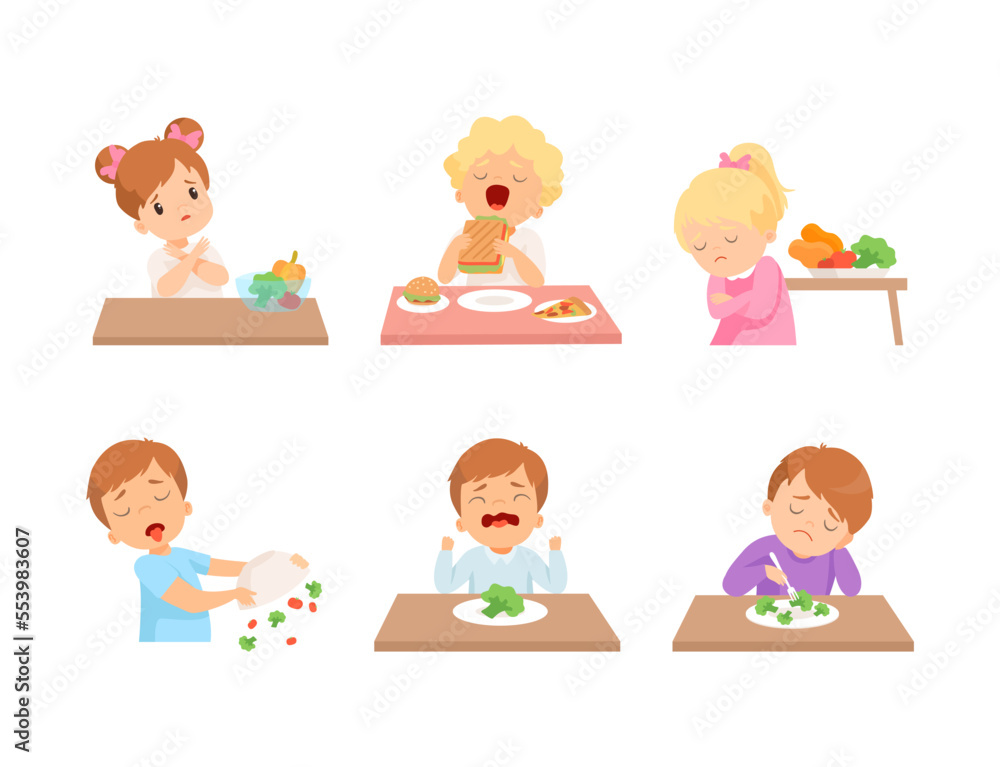 Little Kids at Table with Vegetables and Sandwich Showing Like and Disgust Vector Set Little Kids at Table with Vegetables and Sandwich Showing Like and Disgust Vector Set