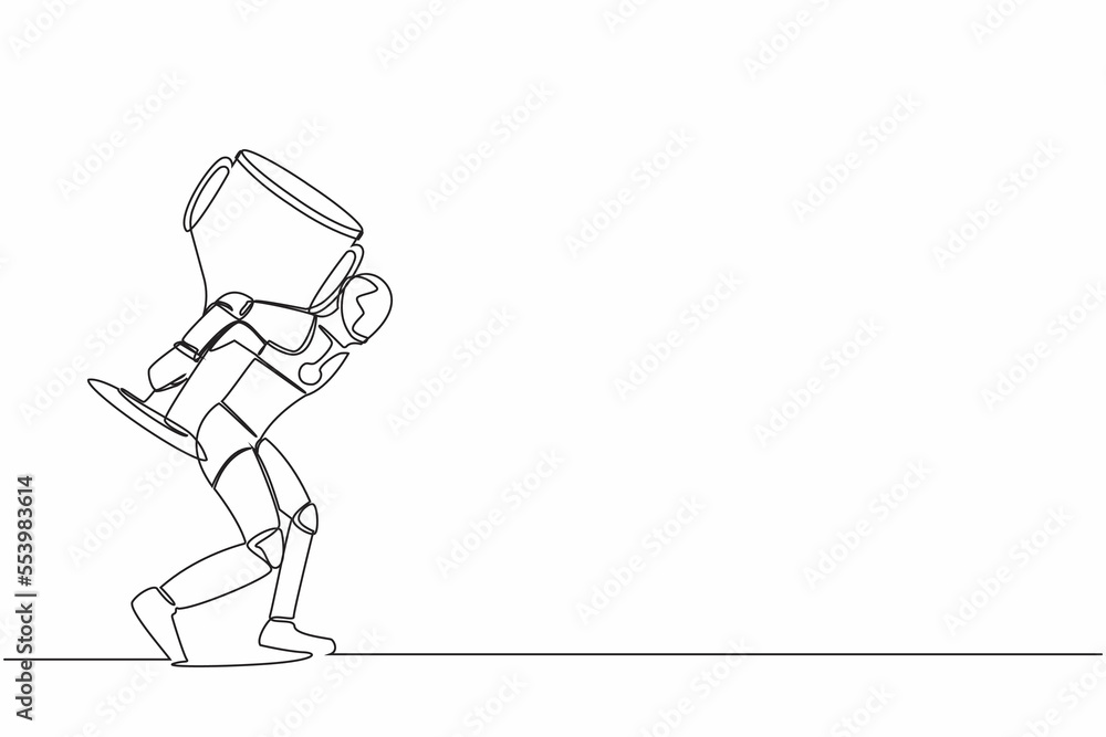 Single continuous line drawing robot carrying huge golden trophy on back. Heavy burden of tech business. Robotic artificial intelligence. Technology industry. One line draw design vector illustration Single continuous line drawing robot carrying huge golden trophy on back. Heavy burden of tech business. Robotic artificial intelligence. Technology industry. One line draw design vector illustration